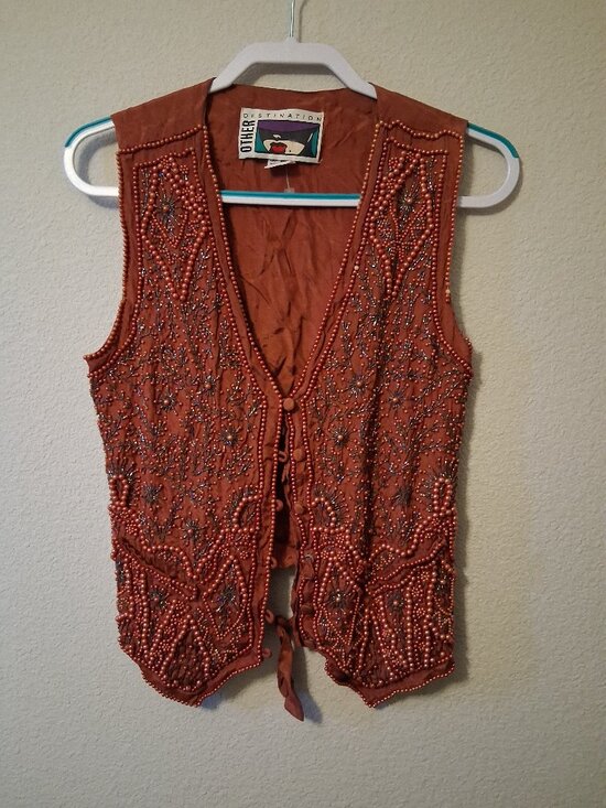 Unique Vintage Tops - 1980s Vintage Vest Embellished BOHO Beads Pearl Beaded Retro Cosplay Size Medium